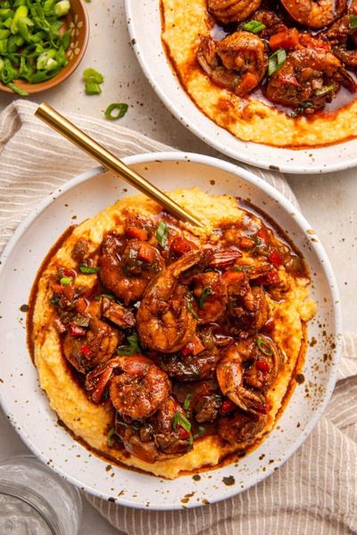 Brown Stew Shrimp and Sweet Potato Grits